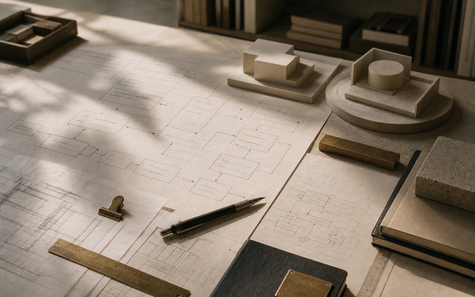 Quiet architectural studio with workflow drawings and models.
