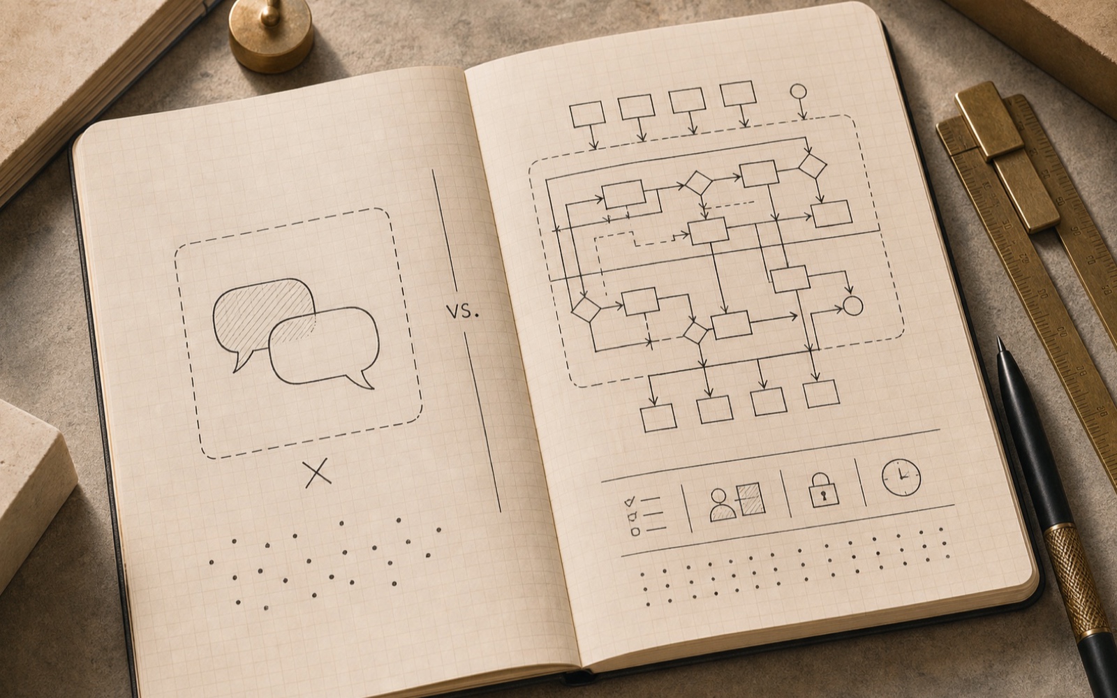 Chat Is Not an Operating Model field note spread with workflow sketches.