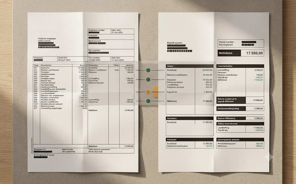 Twee loonstroken uit verschillende salarissystemen met afwijkende layouts naast elkaar.