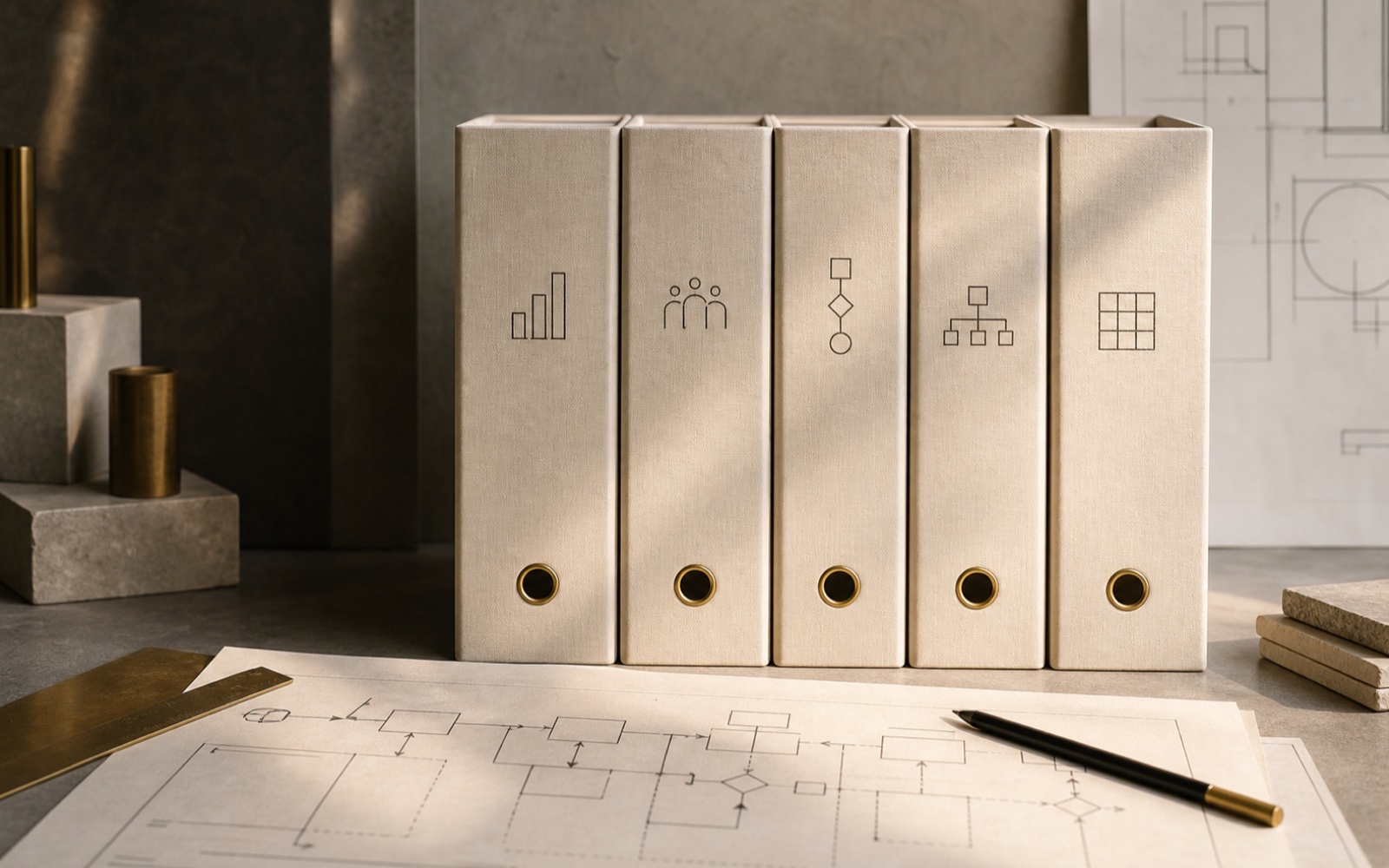 Team workflow binders beside an operating model plan.