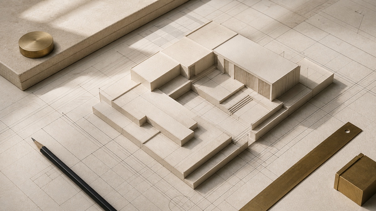Architectural model on a gridded planning surface.