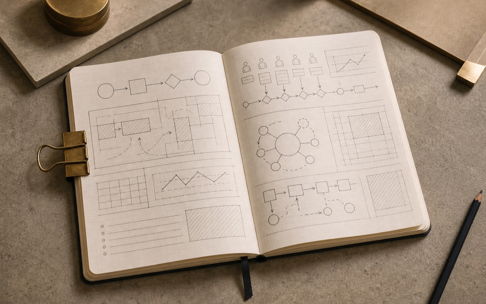 Open field notes notebook with operating model sketches.