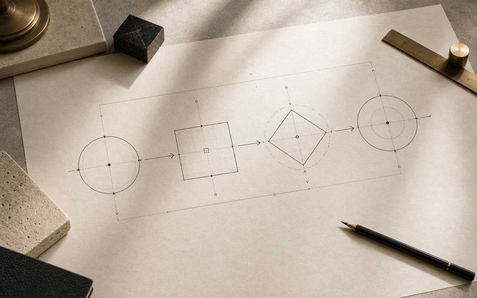 Method diagram drawn on a paper blueprint.