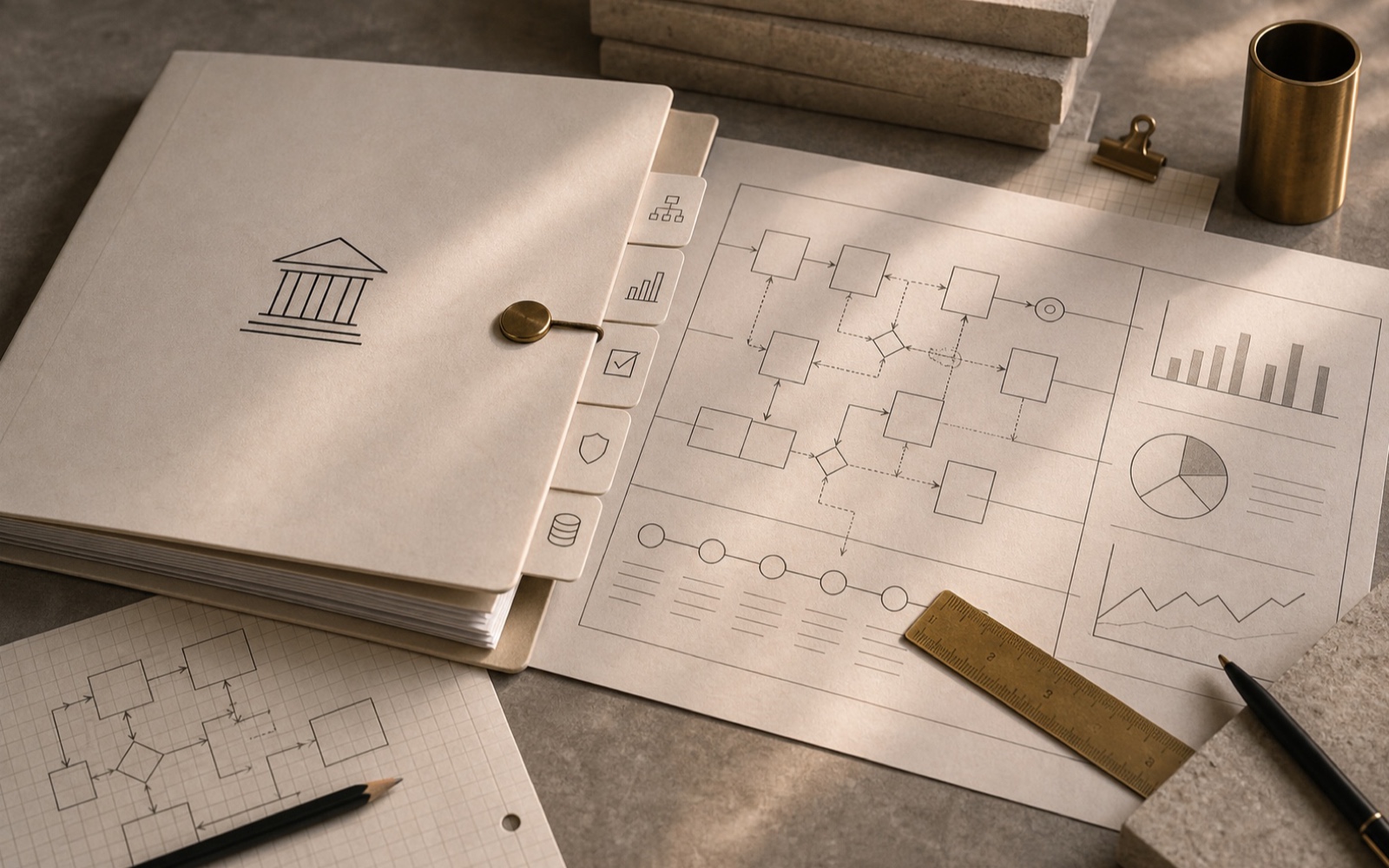 Finance Teams operating model documents in an architectural workspace.