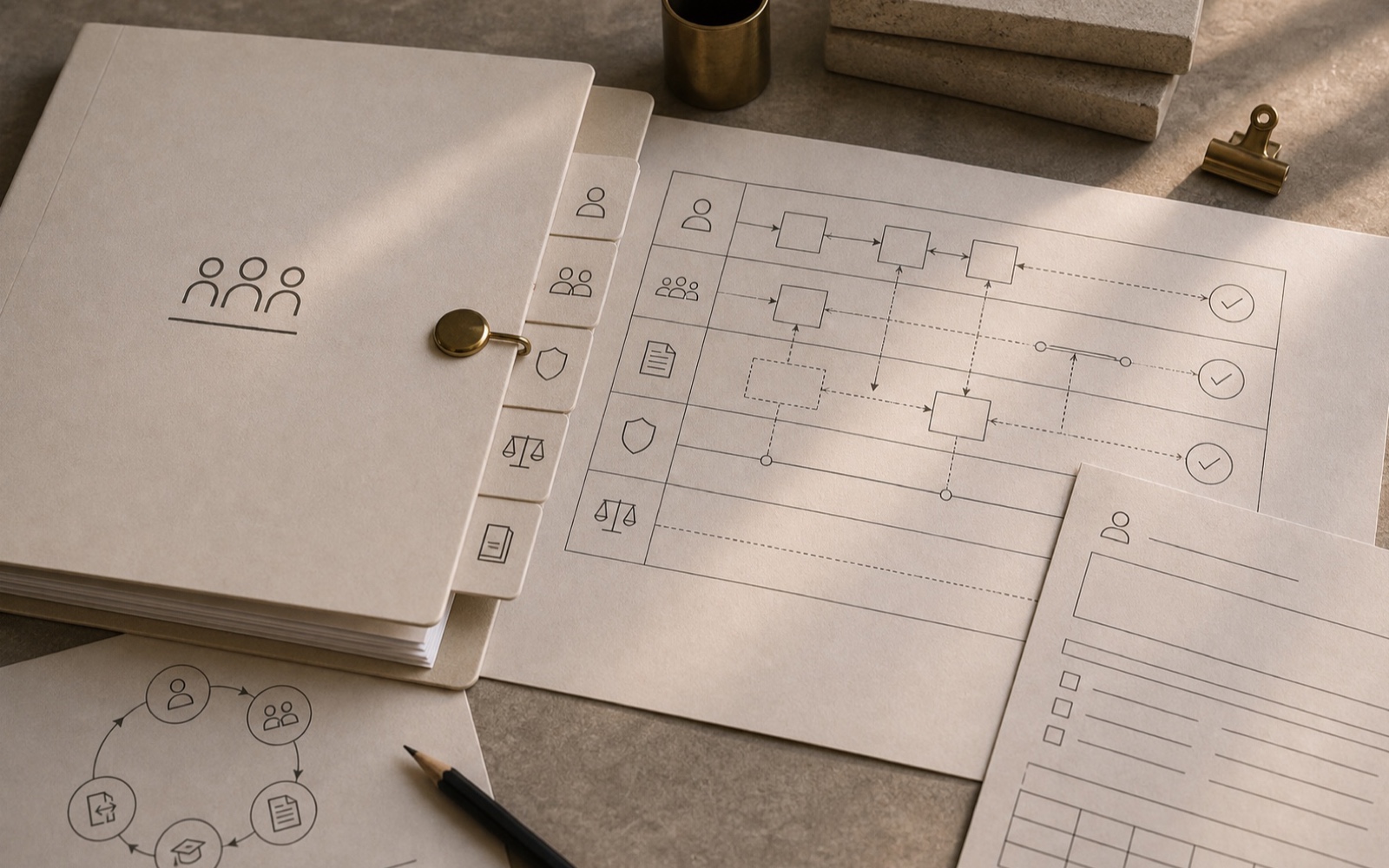 HR Teams operating model documents in an architectural workspace.
