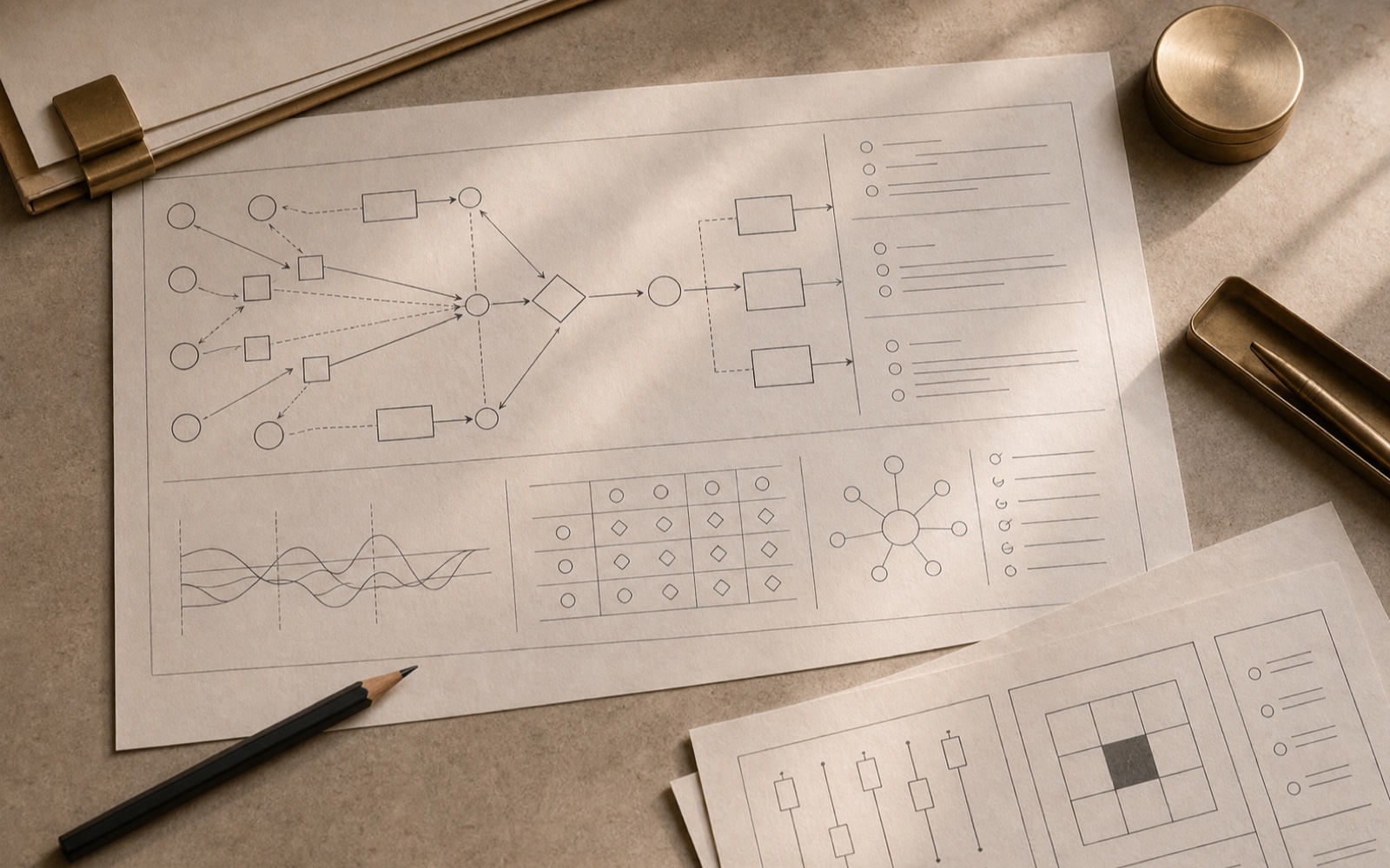Leadership Teams operating model documents in an architectural workspace.