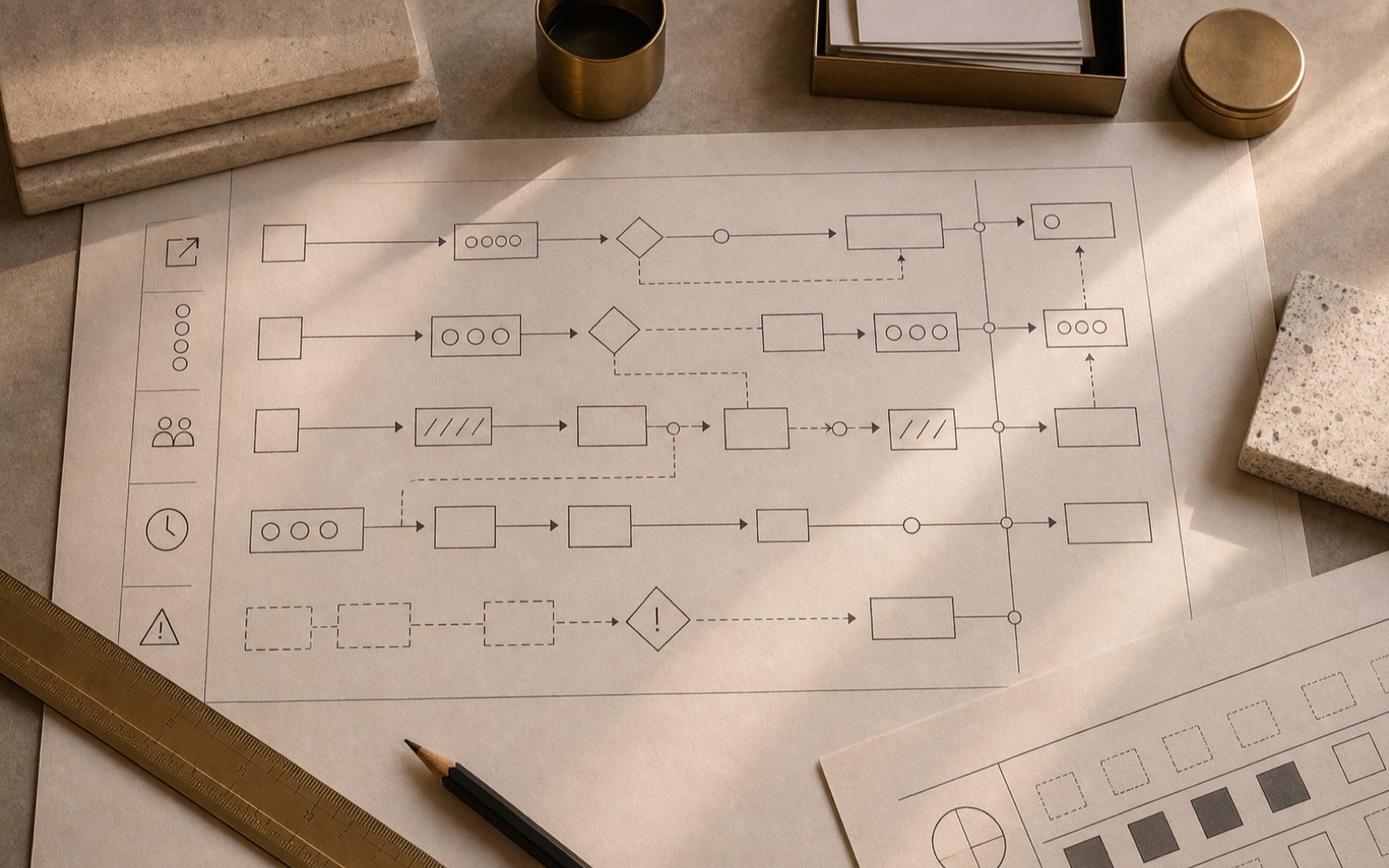 Operations Teams operating model documents in an architectural workspace.