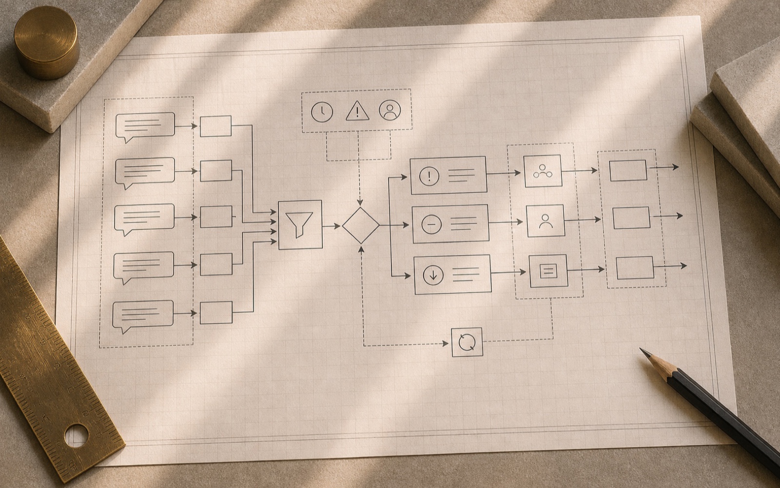 Customer Triage workflow worksheet on an architectural desk.