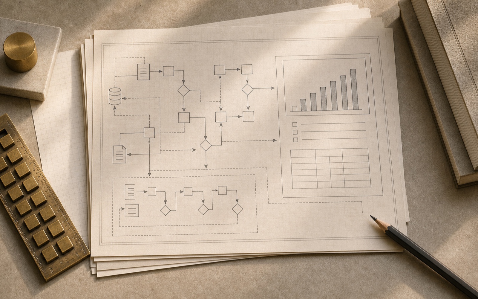 Finance Reporting workflow worksheet on an architectural desk.