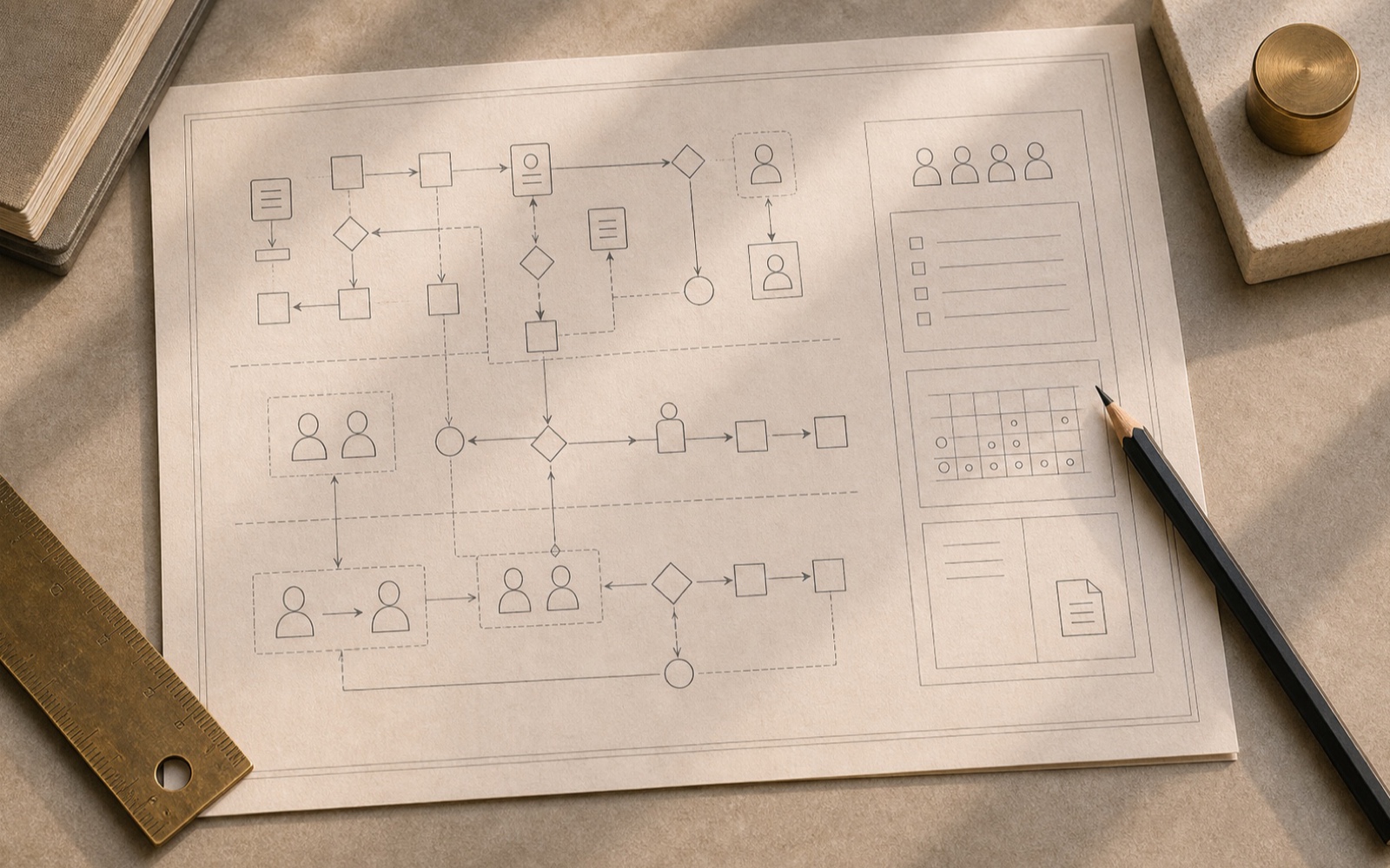 HR & Payroll Reporting workflow worksheet on an architectural desk.