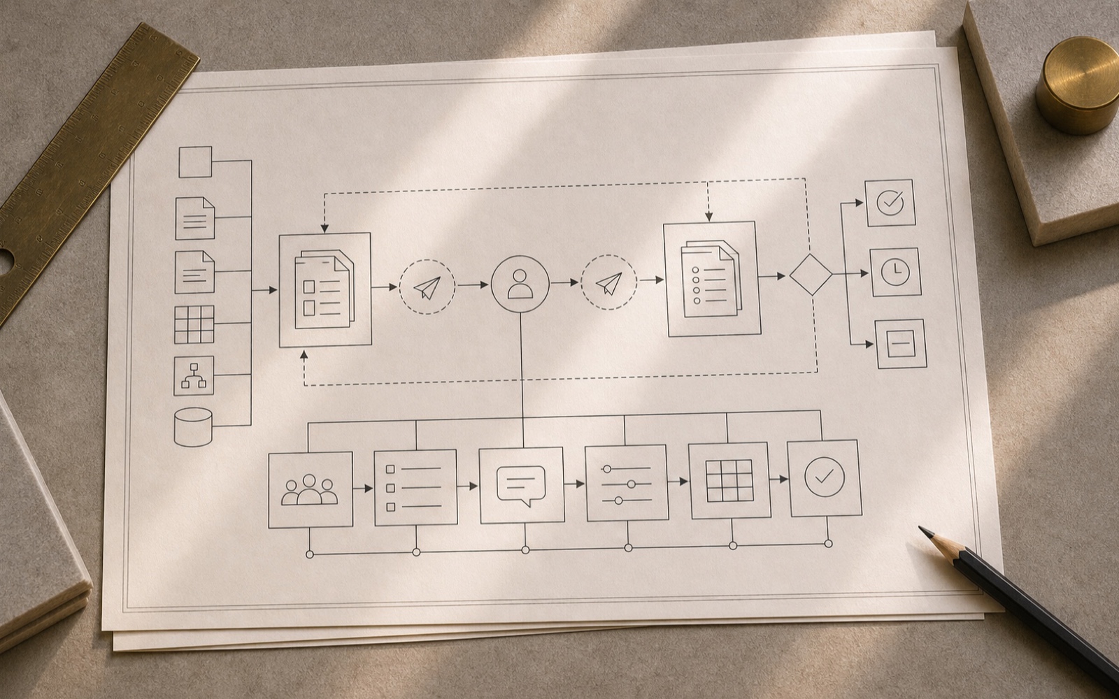 Internal Handovers workflow worksheet on an architectural desk.