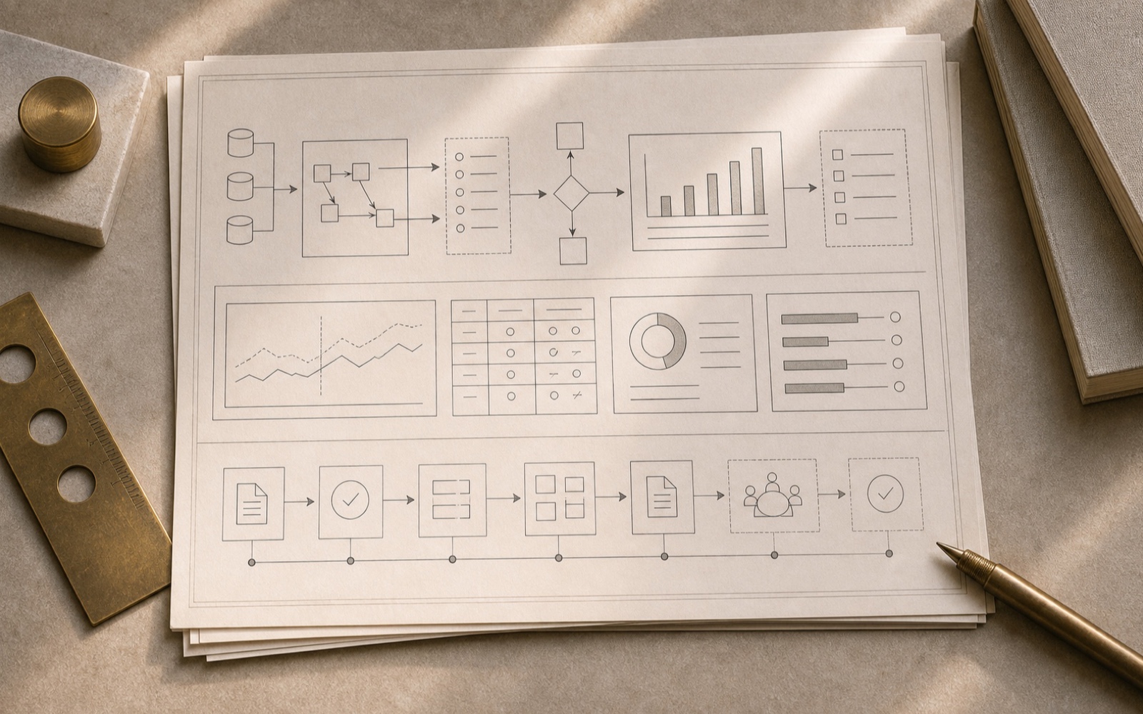 Management Reporting workflow worksheet on an architectural desk.