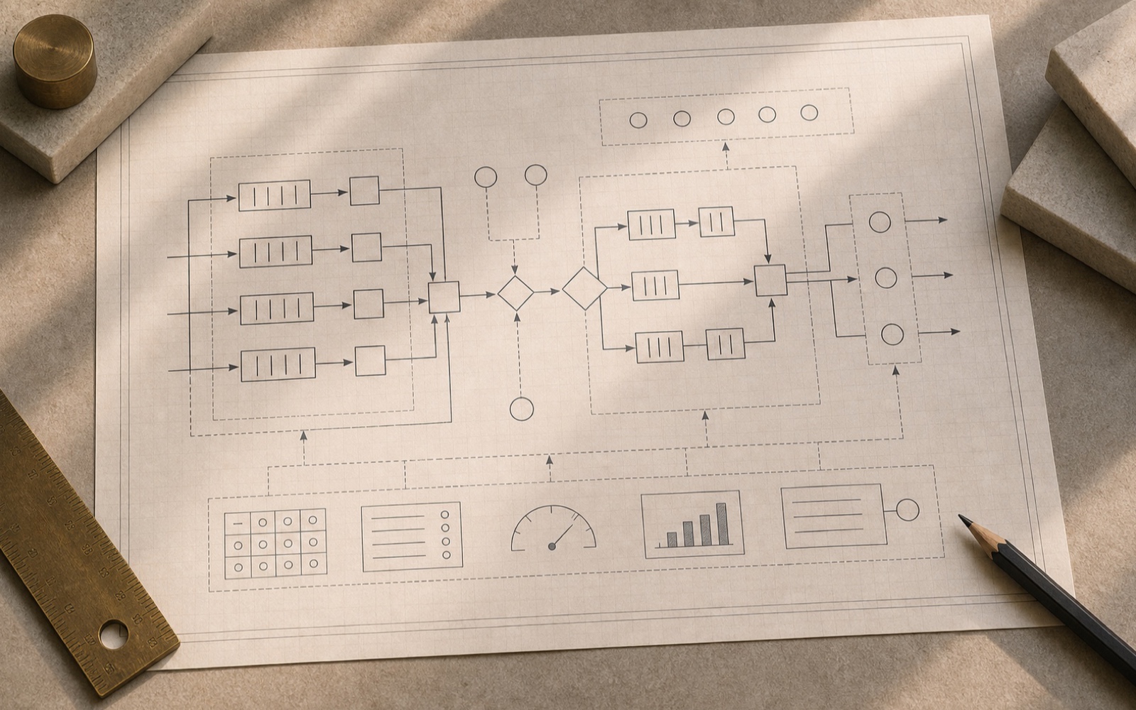 Operations Reporting workflow worksheet on an architectural desk.