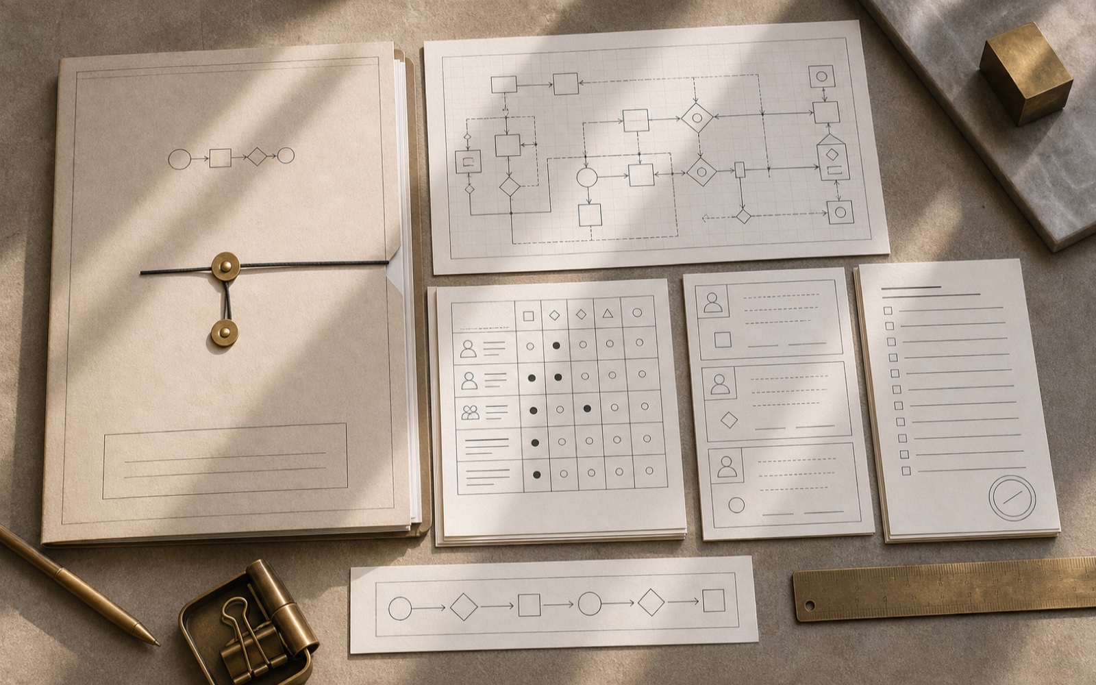 Transfer package documents arranged on a work surface.